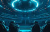 A futuristic gaming environment with four seats facing into a room