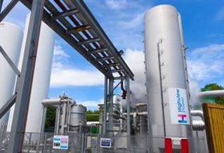CRYOBattery™ tank graphic showing huge silver silo with gantry and fencing. Brand shows Highview logos. CRYOBattery tank from collaborations with the University of Brighton Advanced Engineering Centre.